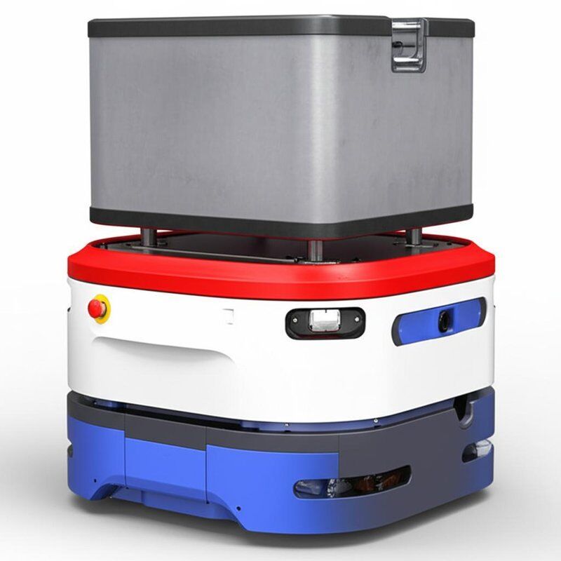 AMR Autonomous Mobile Robot with LiDAR and SLAM Navigation for Transporting And Handling Material Boxes Featuring Emergency Stop And Collision Detection